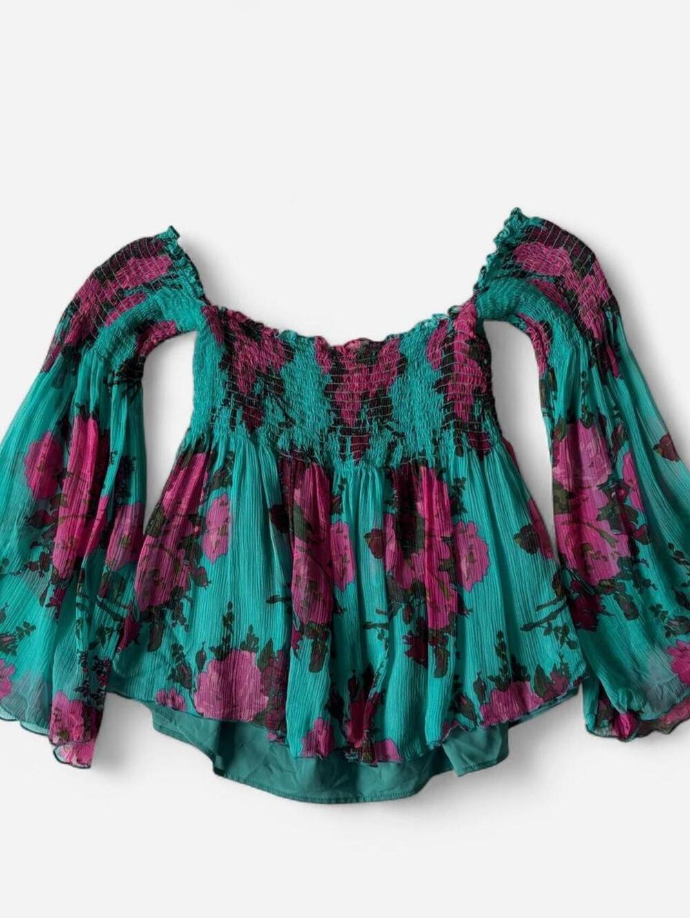 VINTAGE BETSEY JOHNSON SILK FLORAL SMOCKED PEASANT TOP S